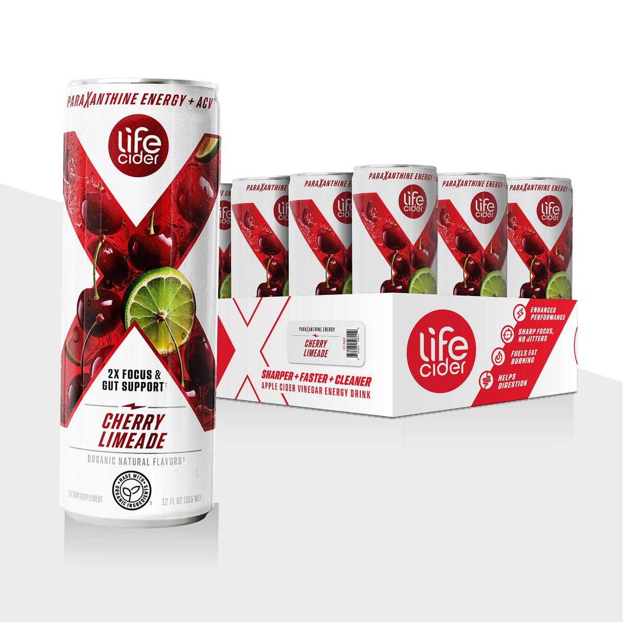Life Cider X Cherry Limeade can standing in front of a 12-pack case