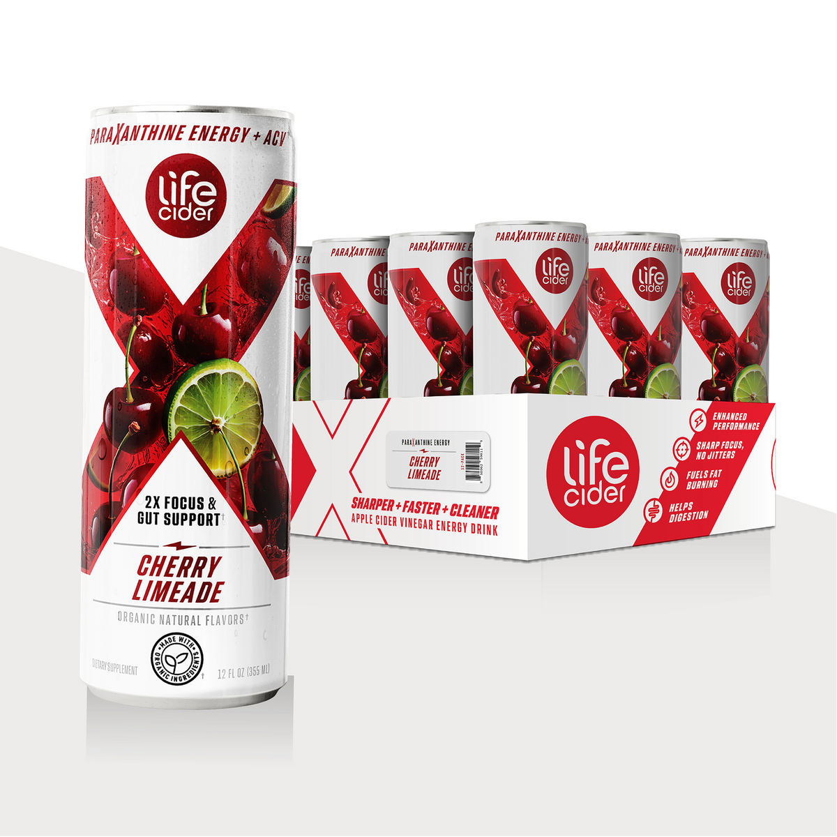 Life Cider X Cherry Limeade can standing in front of a 12-pack case