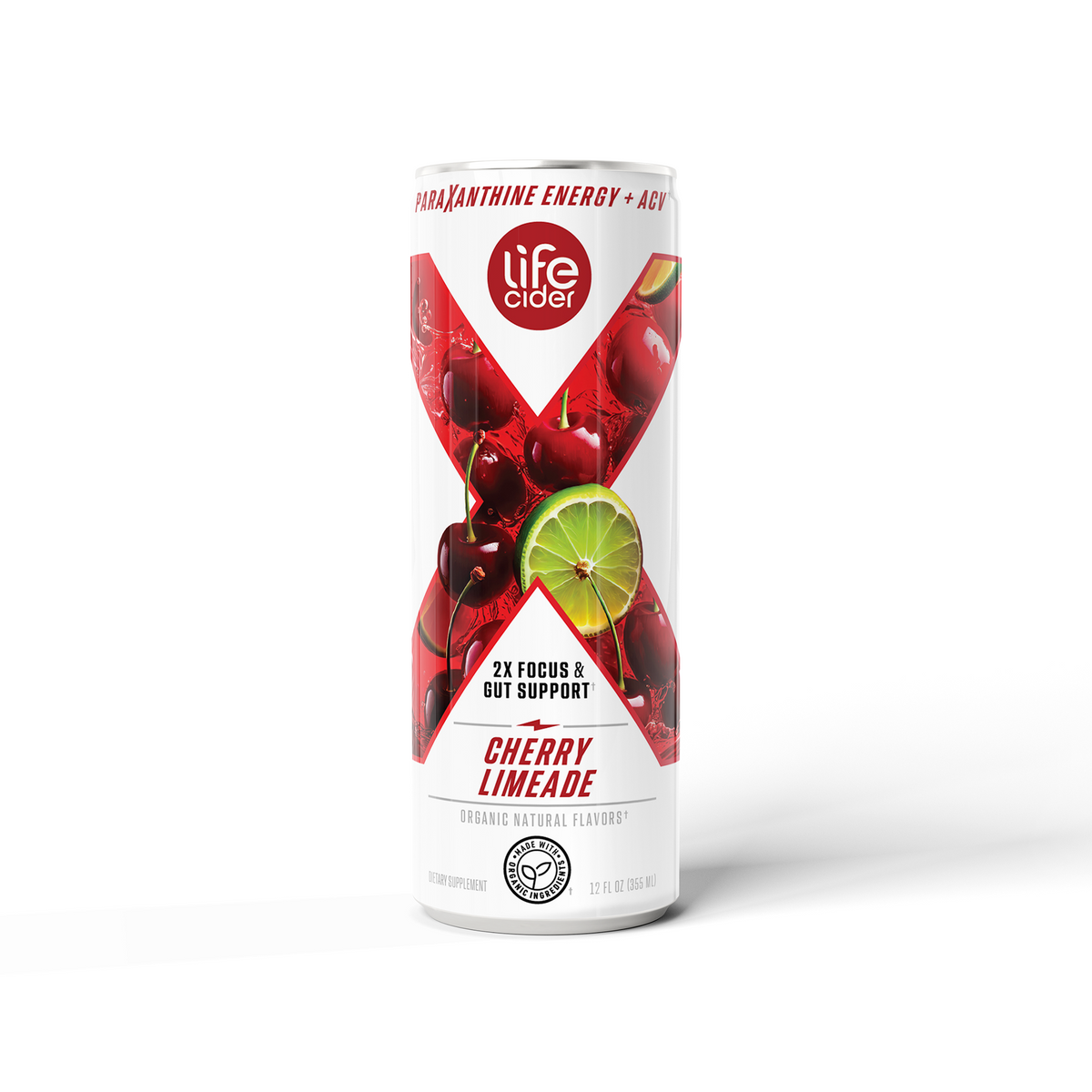Front of a Life Cider X Cherry Limeade can showing cherries and a lime slice