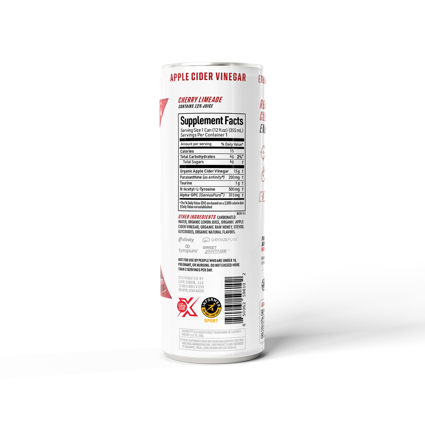 Back of a Life Cider X Cherry Limeade can showing the supplement facts panel