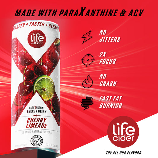 Life Cider cherry limeade energy drink can with product features on a red background