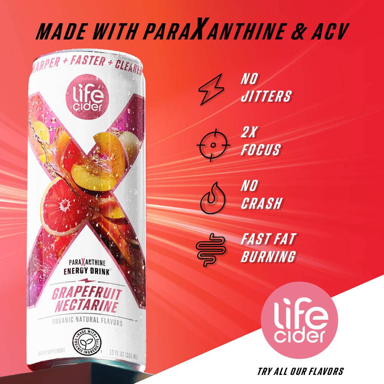 Life Cider X Energy Drink, Grapefruit Nectarine, 12-Pack