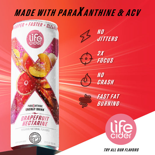 Life Cider grapefruit nectarine energy drink can with product features on a red background